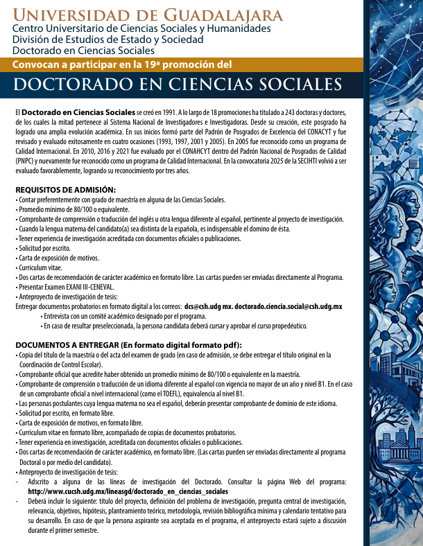 Convocatoria: Doctorado en Ciencias Sociales, Universidad de Guadalajara (19ª promoción)